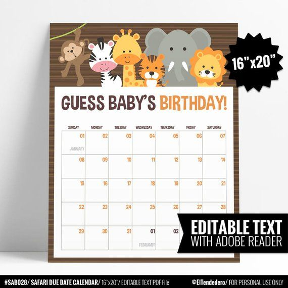 Safari Baby Shower Birthday Prediction Calendar