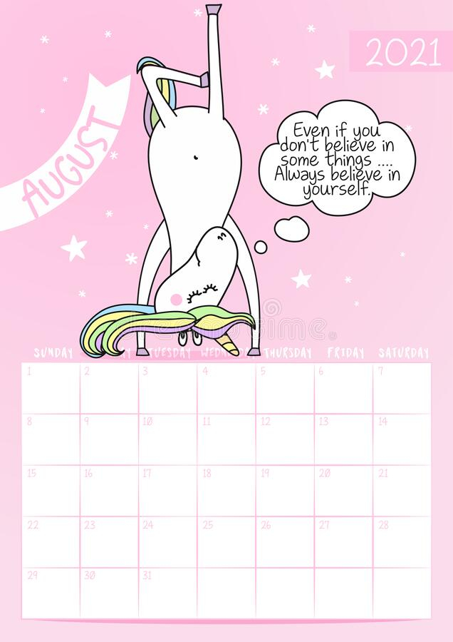 Unicorn Calendar For 2020 Year Cute Girly Design, Printable Planner Of 12 Months Stock Vector